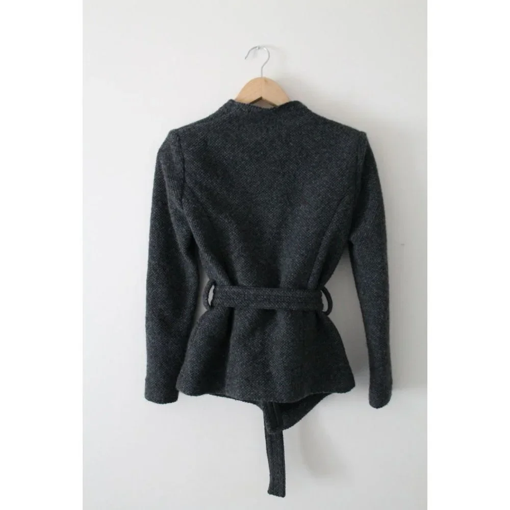 IRO Cooley Tweed Belted Jacket Grey Size 38 Medium Wool Lamb Leather Trim - Picture 4 of 8